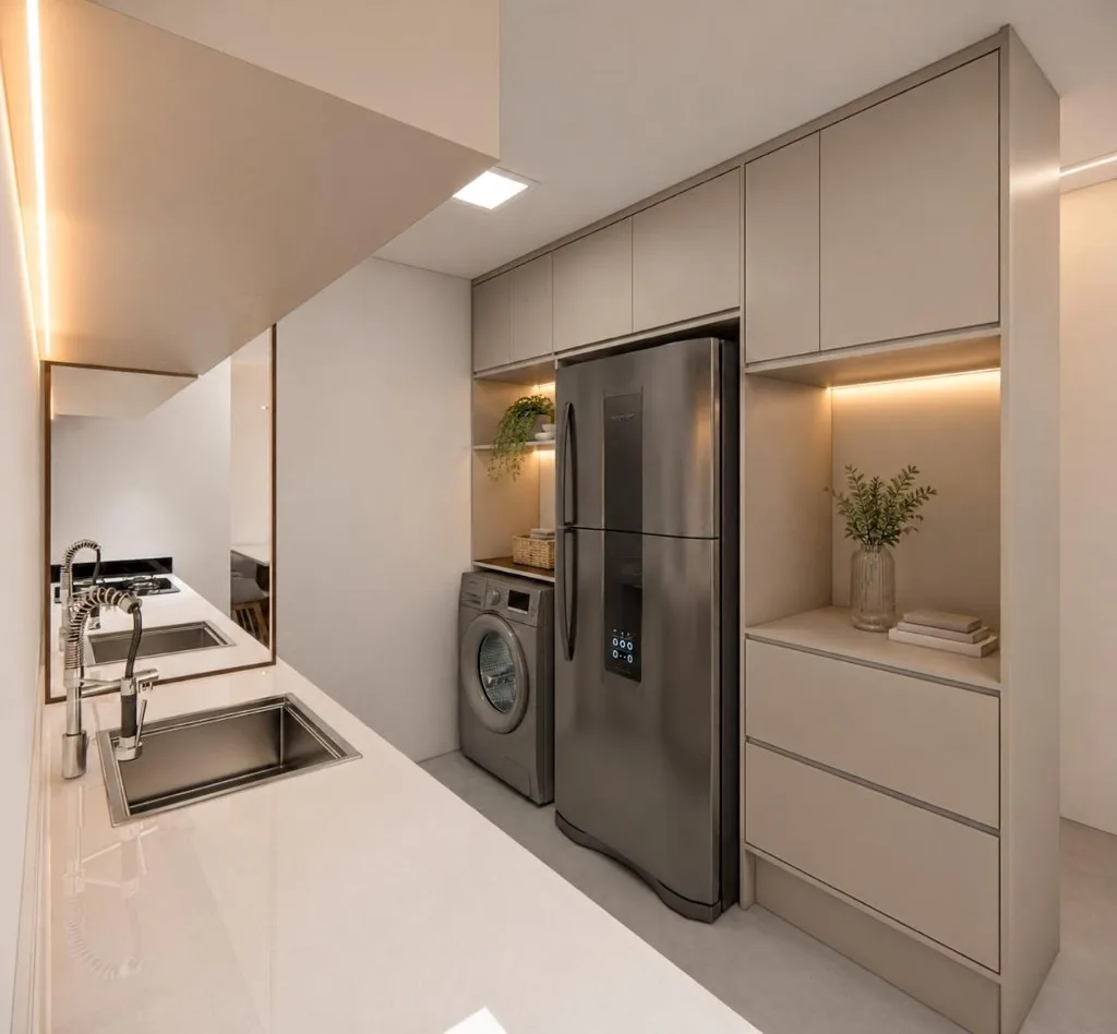 Cozinha com área de serviço do apartamento decorado do Wave Jacumã Residence