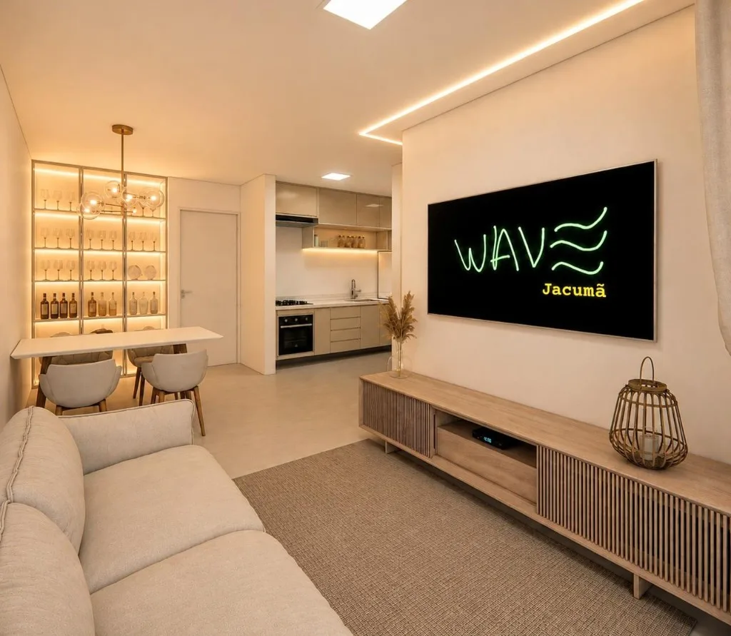 Sala, jantar e cozinha integrada do apartamento decorado do Wave Jacumã Residence
